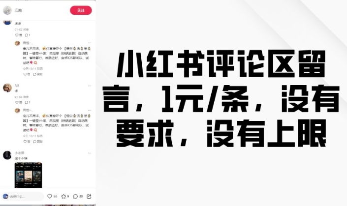 小红书评论区留言，1元条，没有要求，没有上限-test