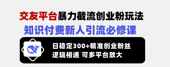 交友平台暴力截流创业粉玩法，知识付费新人引流必修课，日稳定300+精准创业粉丝，逻辑相通可多平台放大-test