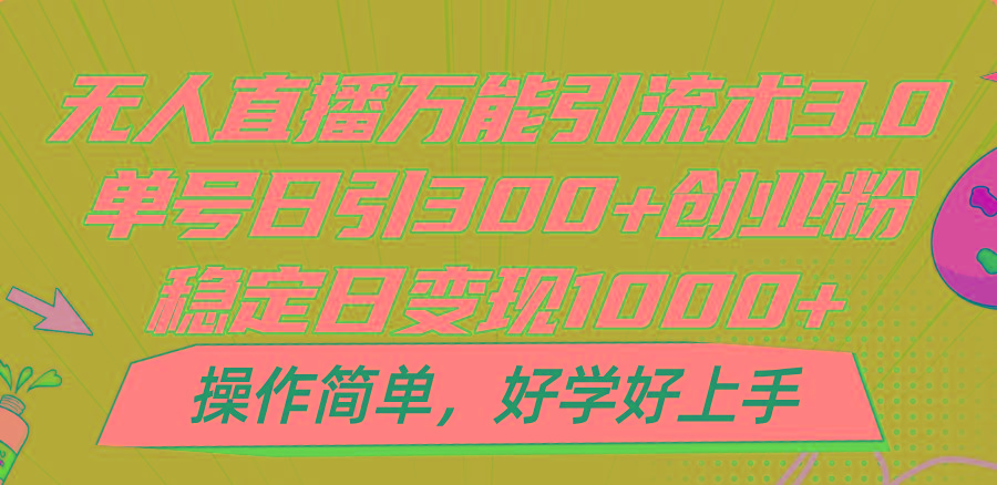 无人直播万能引流术3.0，单号日引300+创业粉，稳定日变现1000+，操作简单-test