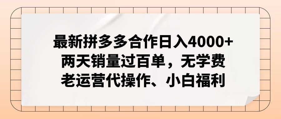 拼多多最新合作日入4000+两天销量过百单，无学费、老运营代操作、小白福利-test
