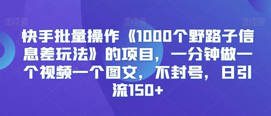 快手批量操作《1000个野路子信息差玩法》的项目，一分钟做一个视频一个图文，不封号，日引流150+【揭秘】-test