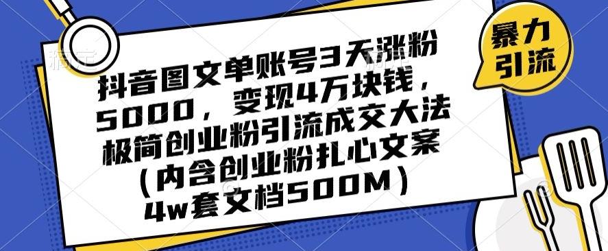 抖音图文单账号3天涨粉5000，变现4万块钱，极简创业粉引流成交大法-test
