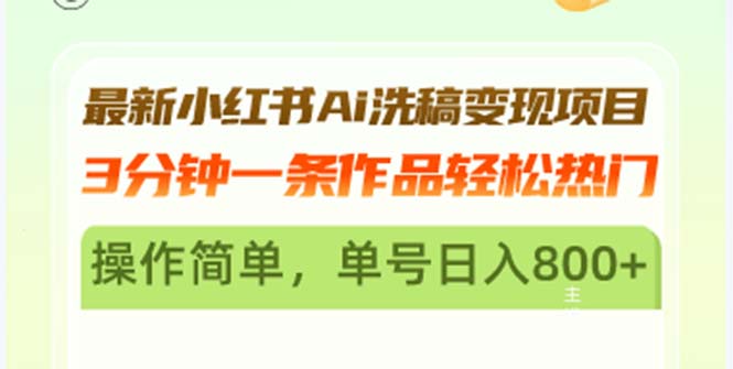 最新小红书Ai洗稿变现项目 3分钟一条作品轻松热门 操作简单，单号日入800+-test